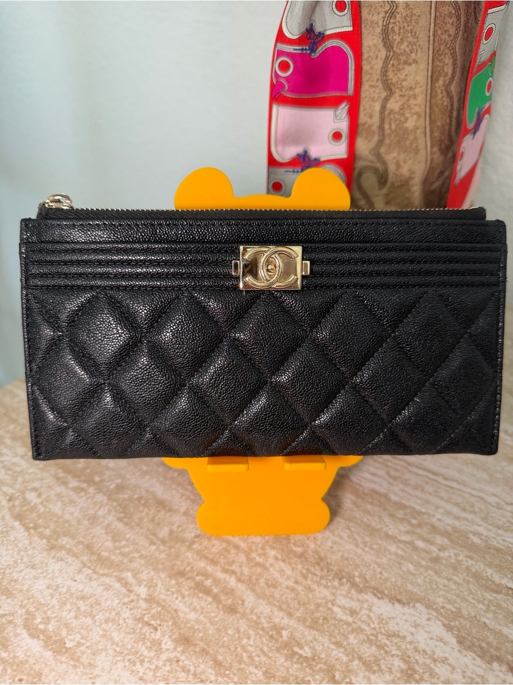 CHANEL Boy Wallet Black Quilted Caviar Leather Gold Hardware